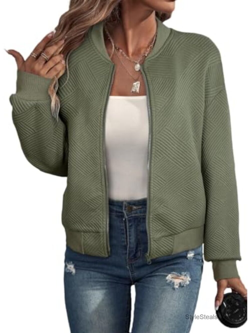 Womens Casual Bomber Jacket Stand Collar Zip Up Long Sleeve Lightweight Coat